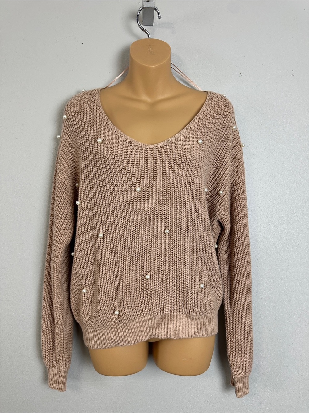 Pearl-Embellished V-Neck Sweater in Blush